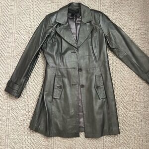 Centigrade Leather Metallic Pewter Long Trench Coat Jacket Womens Small Small